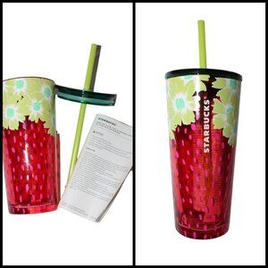 Starbucks Strawberry fruits & flower Pink & green glass summer tumbler 18oz NWB